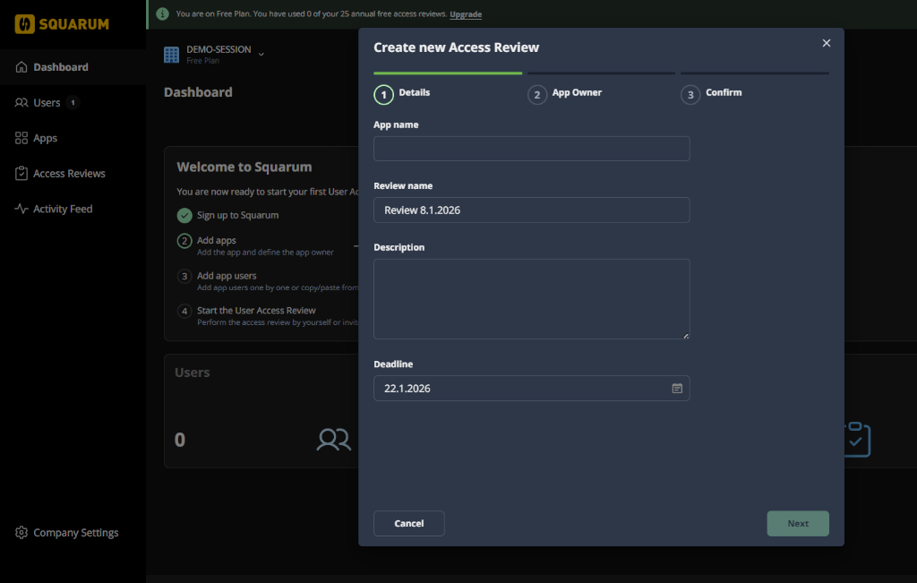 Quick start user access review - enter app name