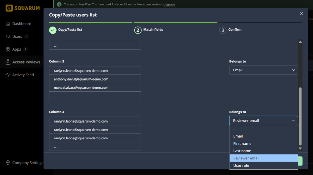 Quick start user access review - match fields