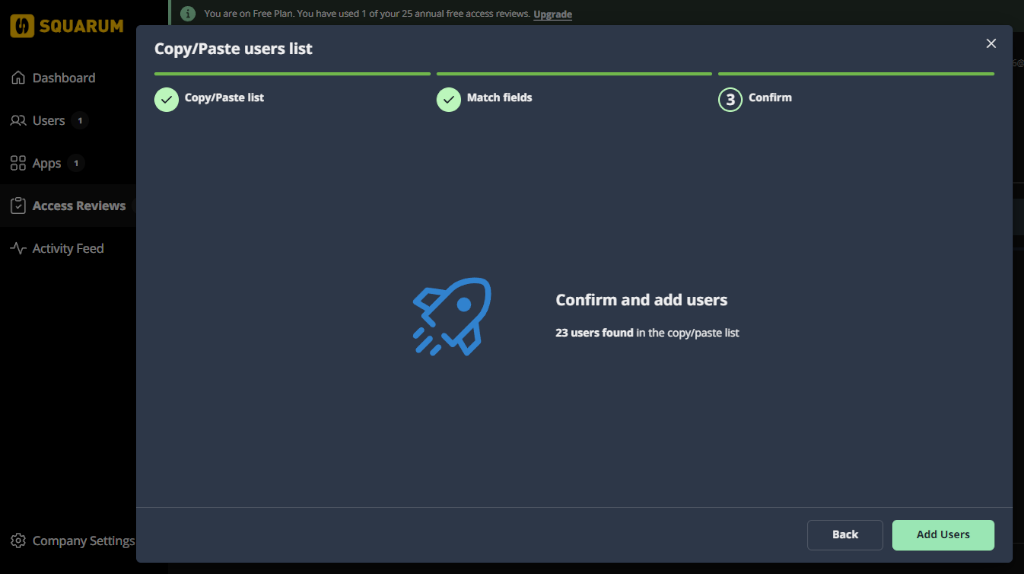 Quick start user access review - confirm copy paste users